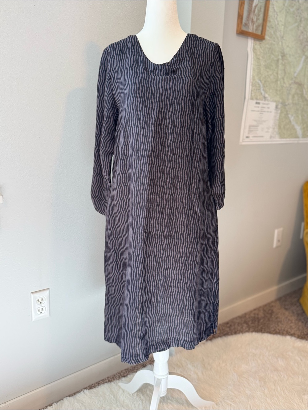 Gudrun Sjoden charcoal grey patterned pullover shift midi dress longsleeve small